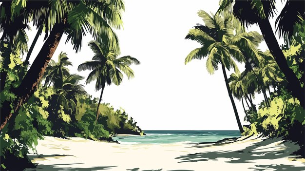 Vector serene tropical beach with lush palm trees vector illustration