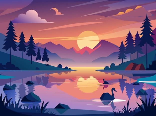 Vector a serene vector of a peaceful lake with ducks swimming and a beautiful sunset