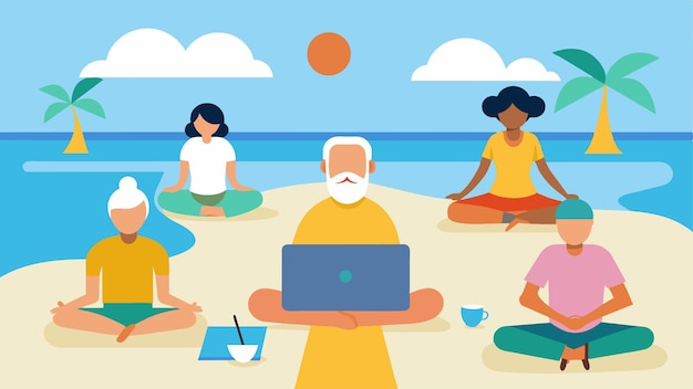 Vector a serene virtual beach scene where patients with alzheimers disease participate in a relaxation