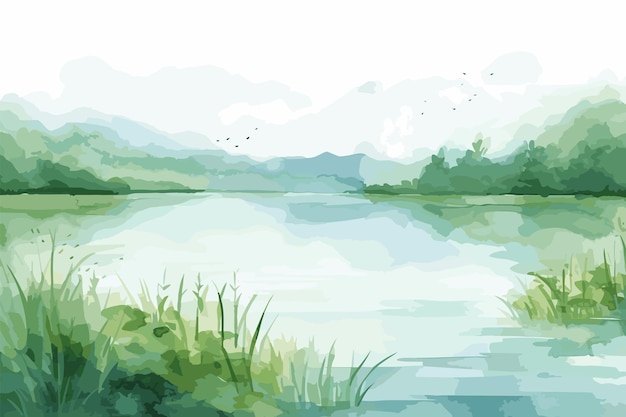 Serene Watercolor Lake Scenery A Captivating Vector Illustration