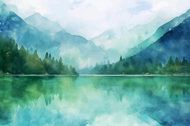 Vector serene watercolor mountain lake landscape