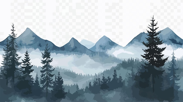 Vector serene watercolor mountains and spruce trees landscape