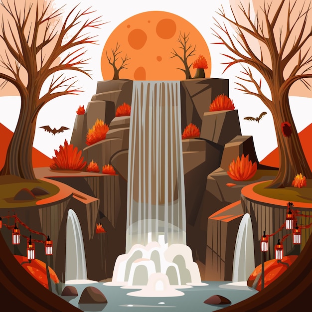 Vector a serene waterfall scene with autumn foliage and a large moon backdrop