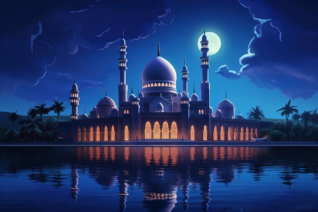 A serene white mosque with its reflection beautifully mirrored in the calm waters