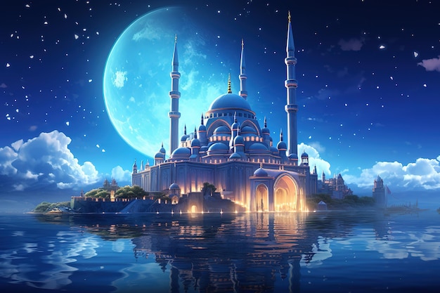 A serene white mosque with its reflection beautifully mirrored in the calm waters