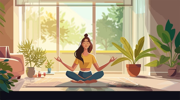 Serene Woman Meditating at Home Young Girl Relaxes in Lotus Position