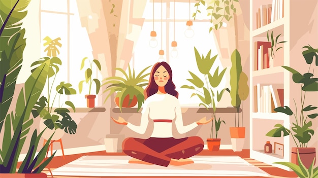 Vector serene woman meditating at home young girl relaxes in lotus position