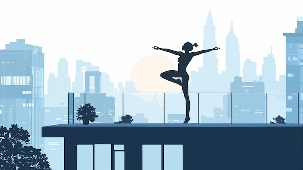 Vector serene woman practicing yoga on building rooftop at sunset