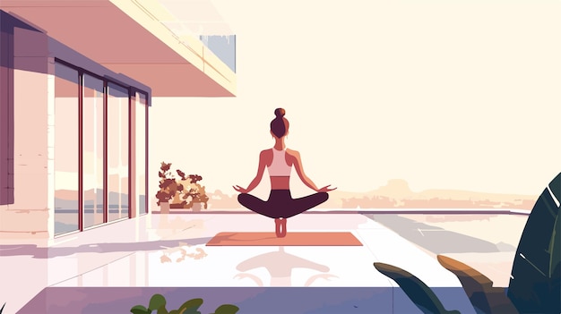 Vector serene woman practicing yoga pose on urban rooftop