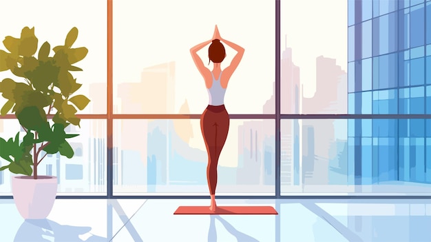 Vector serene woman practicing yoga pose on urban rooftop