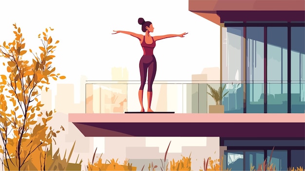 Vector serene woman practicing yoga pose on urban rooftop