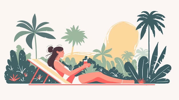 Serene Woman Relaxing on Tropical Beach Gazing at Palm Trees