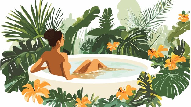 Vector serene woman relaxing in tropical outdoor bath setting