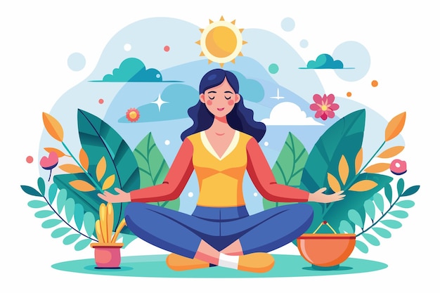 A serene woman sits crosslegged in a colorful outdoor environment practicing yoga and mindfulness Psychological balance mental health yoga and lotus pose