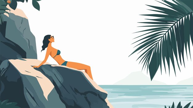 Vector serene woman sunbathing on secluded coastal beach