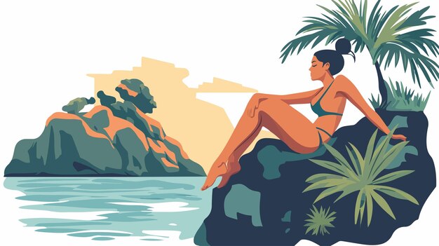 Vector serene woman sunbathing on secluded coastal beach