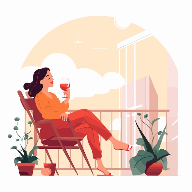 Vector serene young woman enjoying wine alone at bar counter