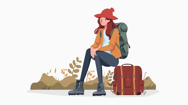 Vector serene young woman hiker resting on suitcase by roadside