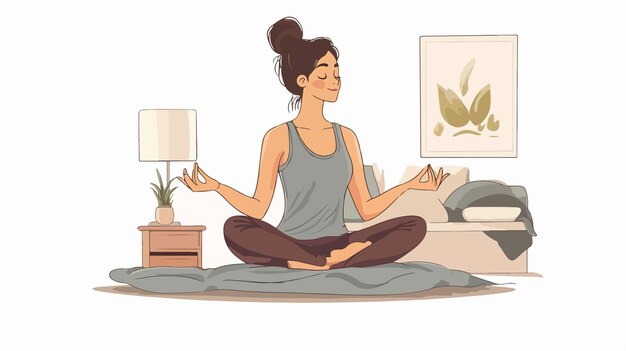 Vector serene young woman meditation in bedroom side view