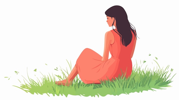 Vector serene young woman in summer dress enjoying nature sitting on green grass field