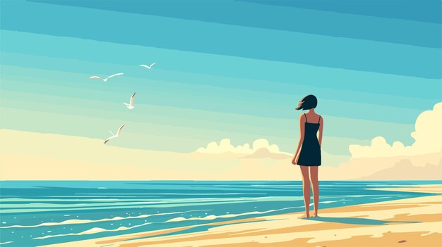 Vector serene young woman on vast sandy beach