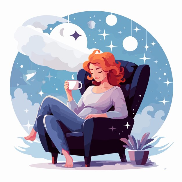 Serenity Girl with Starry Sky in Red Hair Sitting