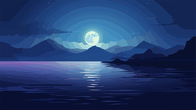 Vector serenity night moonlit dark and calm sea