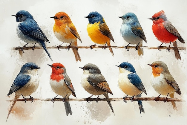 a series of birds on a wire with one of them showing the different colors