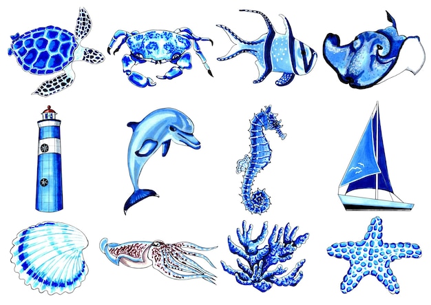 A series of blue sea animals with the words sea life on the bottom.