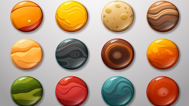 a series of buttons with different colors and shapes on them