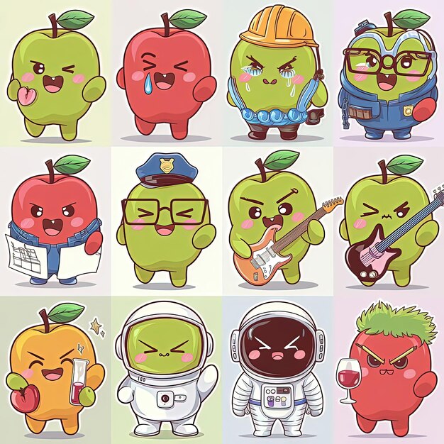 Vector a series of cartoon characters including a green apple a green apple and a blue one with glasses