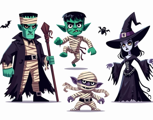 a series of characters including a witch and a spiderman