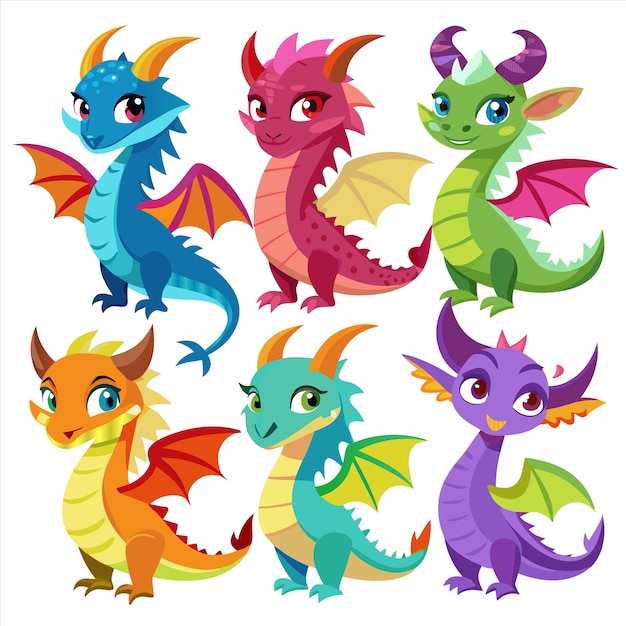 Vector a series of colorful dragons with different colors and the word dragon