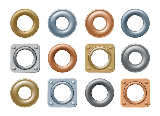 a series of different colored buttons with a circle around the bottomMetallic grommet set 3d round