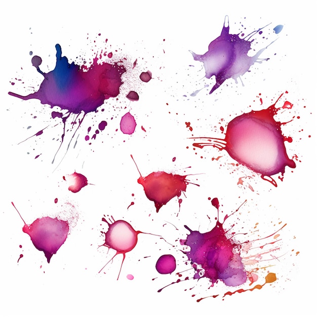 a series of different colored drops and a purple and pink splash