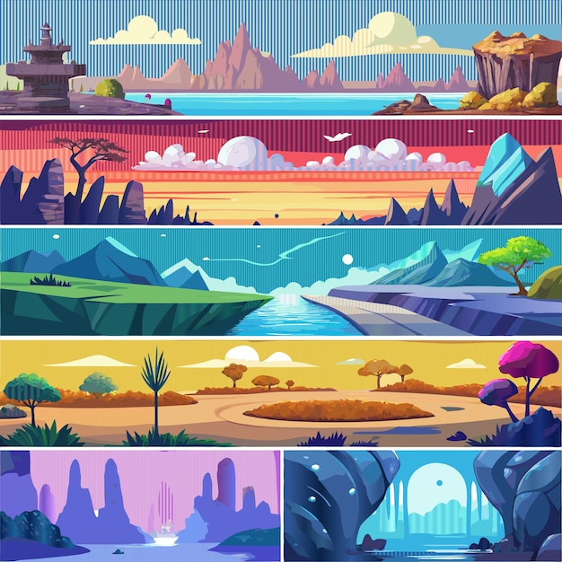 Vector a series of different illustrations including a mountain landscape