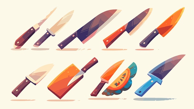 Vector a series of drawings of a knifes with a blue handle