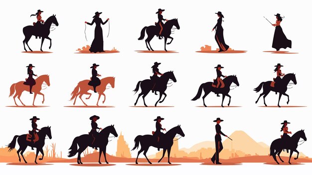 a series of horse images including a woman and a cowboy