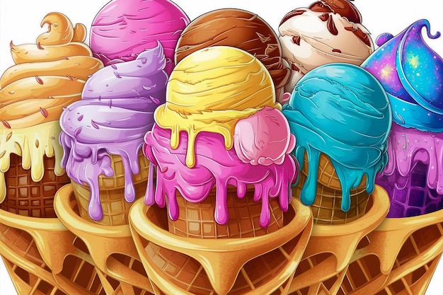 a series of ice cream cones with purple and blue ice cream on them