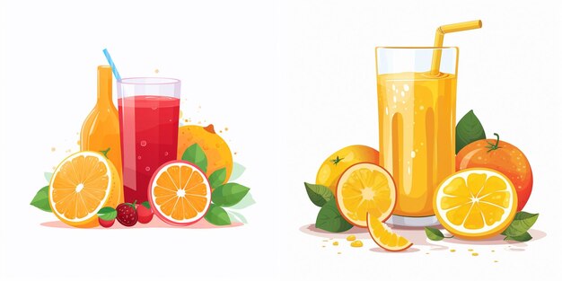 Vector a series of illustrations of juices and oranges with a glass of juice