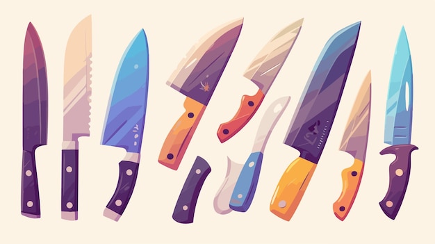 a series of illustrations of a knife with a blue and orange color