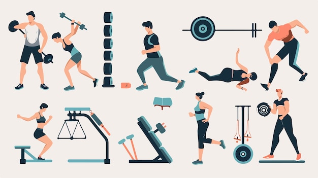 a series of illustrations of people doing exercise and fitness