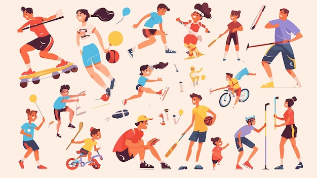 Vector a series of illustrations of people playing tennis and having fun