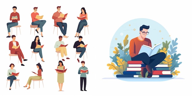 a series of illustrations of people reading books and a man reading a book