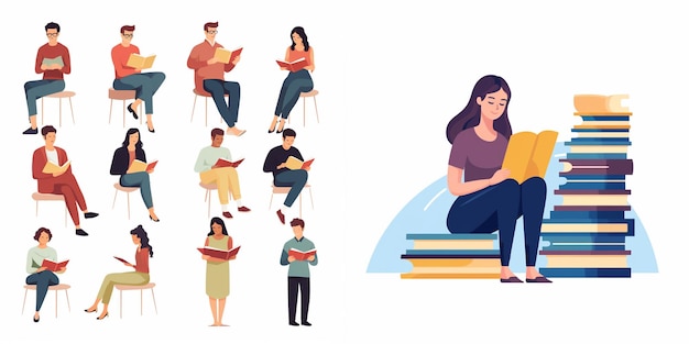 a series of illustrations of people reading books and one reading a book