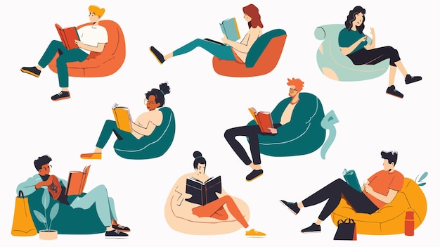 Vector a series of illustrations of people reading books and reading books