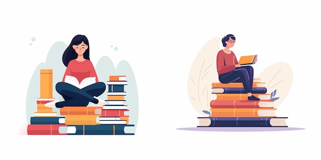 Vector a series of illustrations of people sitting on a stack of books