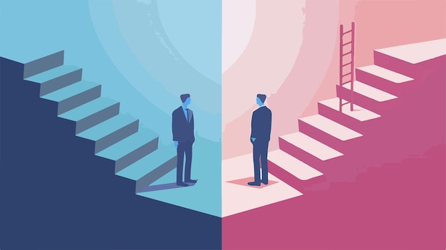 a series of illustrations of people standing on stairs and one man standing in front of a blue and p