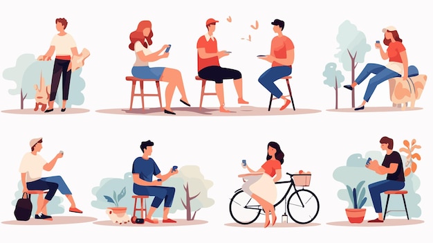 a series of illustrations of people with their phones and a man reading a book