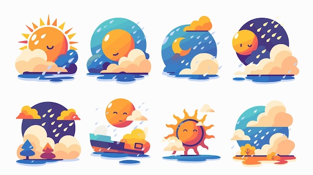 Vector a series of illustrations with different characters including sun and moon